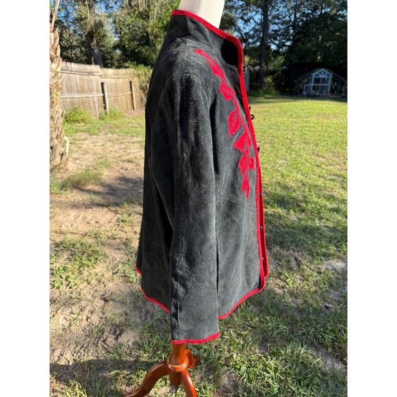 Vtg Dell Ollio  Black 100% Leather Suede Kimono Tunic Embroidered Jacket Goth - Picture 4 of 11